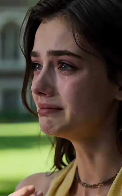 Sophia crying in close-up on the campus lawn