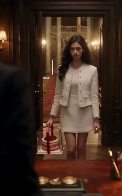 Maya in a white suit standing in the doorway with the cake