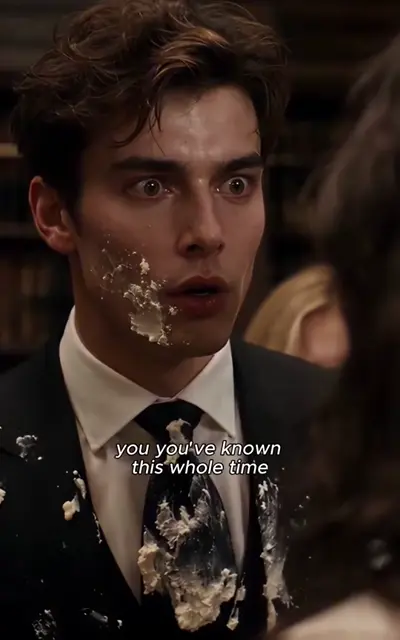 Julian's shocked face, cream on his suit