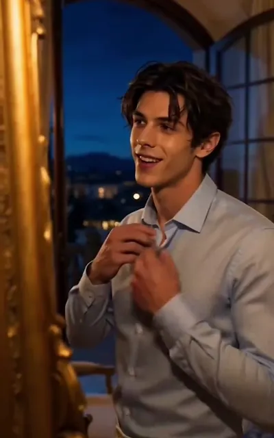 Caleb straightening his shirt by the window