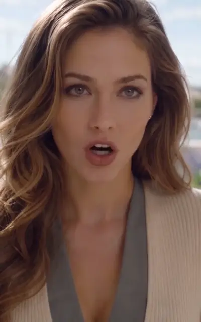 The wife's close-up facing the camera at the table