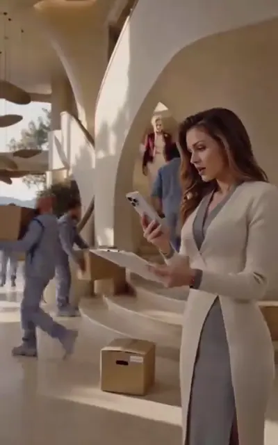 The wife walks through the hall with a clipboard as boxes move
