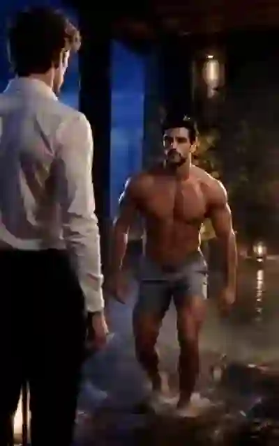 The shirtless boss walking through the water toward him