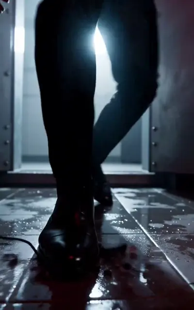 Wet leather footsteps crossing the reflective floor