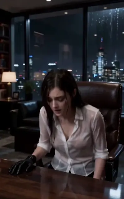 Elena at the desk in the rain-lit office