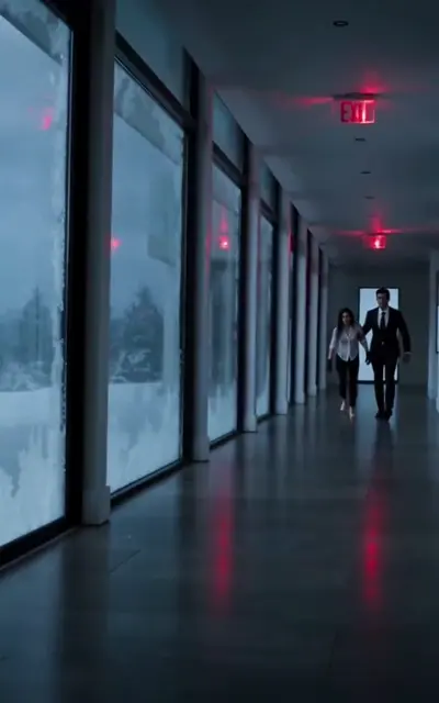 The red-lit corridor where the two walk apart