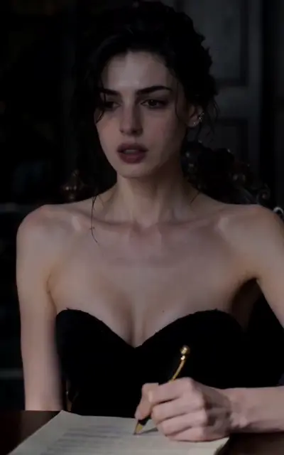 Elena in the black gown signing at the table