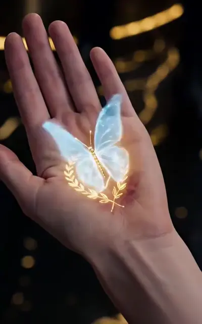 A glowing blue butterfly light resting in Luna's palm