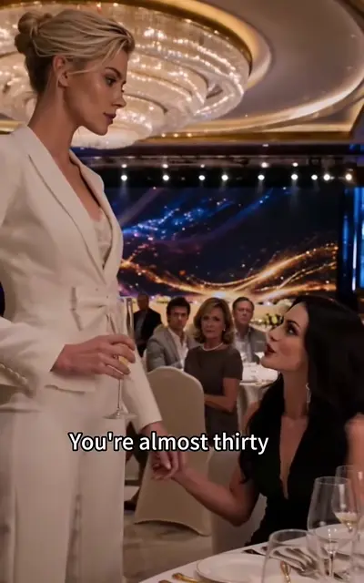 The sister holds Emma's hand under the chandelier