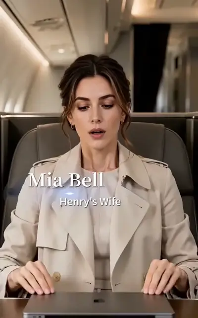 Mia sits in a beige trench coat on a plane or private jet