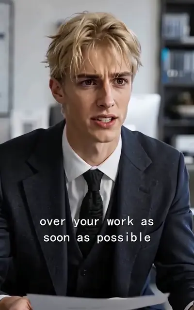 Mia in a white blazer talks across a high-rise office