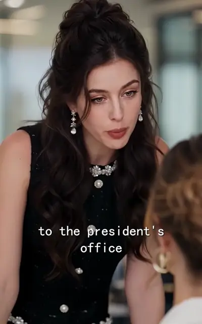 Mia in a black dress and pearl necklace leans in close