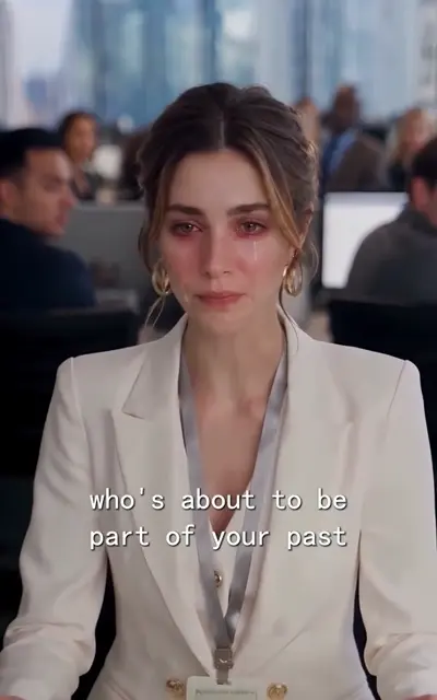 Mia in a white blazer with an ID badge cries quietly in the office