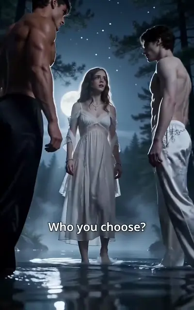 Grace standing between two men in the moonlit clearing