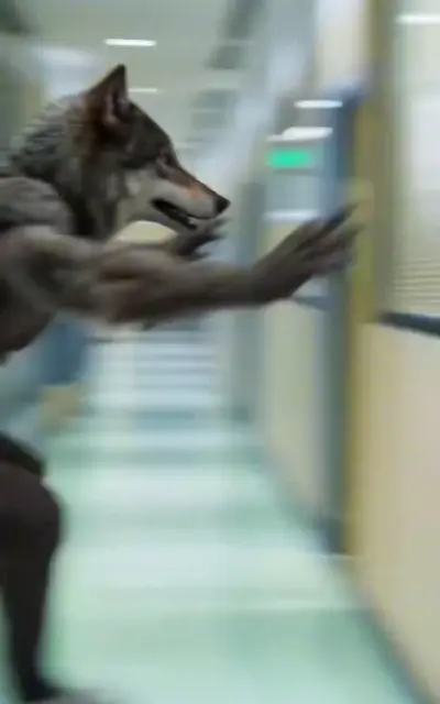 A werewolf lunging down the school corridor