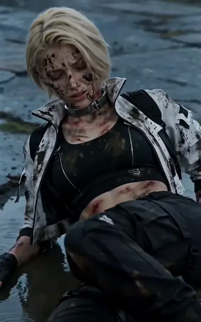 The blonde prisoner slumps in the mud of the wasteland