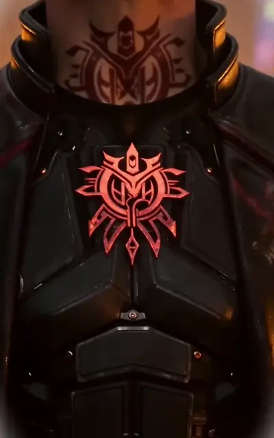 The red poison emblem glowing on the black collar armor