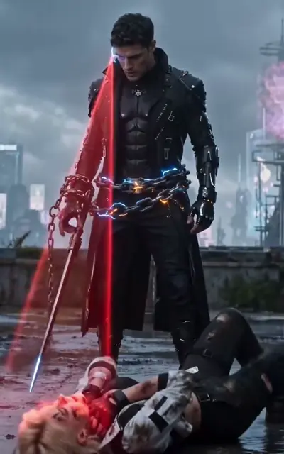 The armored warrior stands over the fallen prisoner in the storm