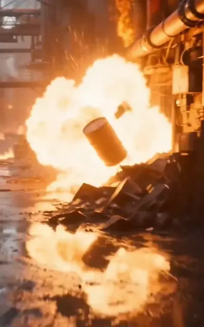 An explosion lights the industrial wasteland street