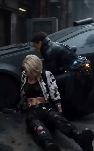The warrior drags the prisoner past the parked vehicle