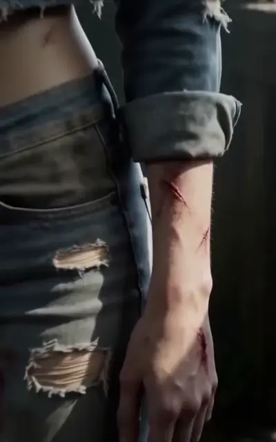 The captive with blood on her hands covers her mouth