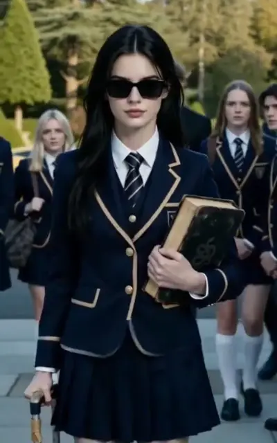 Eden in dark glasses and school blazer holds a book on the boarding quad