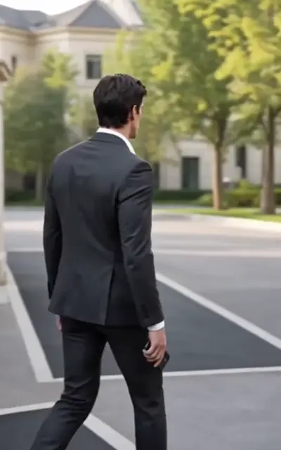 A man in a suit walks away across a driveway