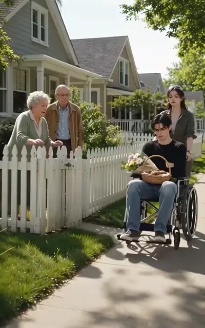 An old couple on the porch watching the wheelchair