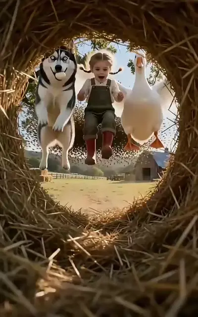 Rosie in the hayloft with a dog and a goose
