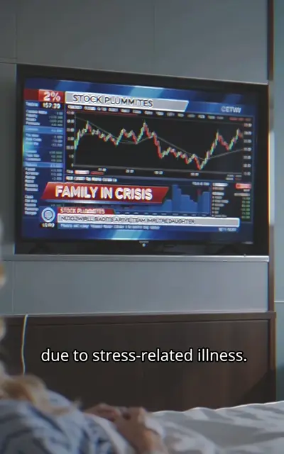 A news screen reading Family in Crisis over a falling stock chart