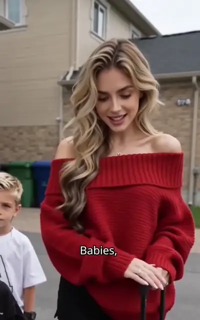 Stella in a red off-shoulder top with her children