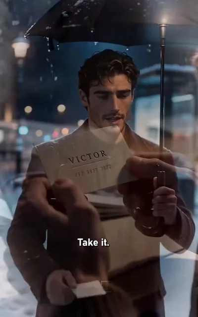 Victor holding out the umbrella