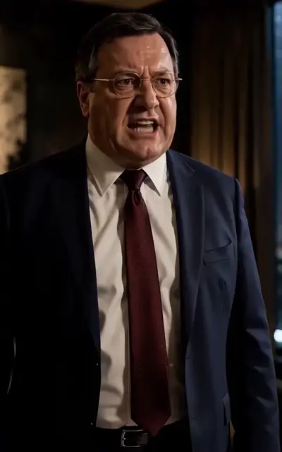 Dean Edward in a dark suit and red tie argues in a wood-paneled room
