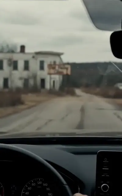 A lone car drives toward a remote house on an empty road