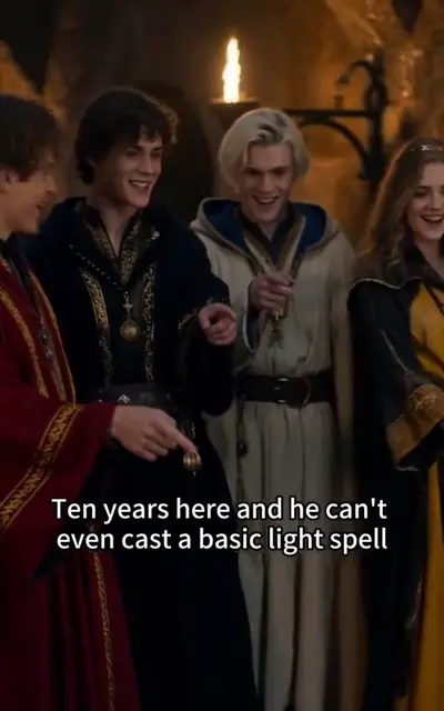 A laughing group of students in a torchlit hall