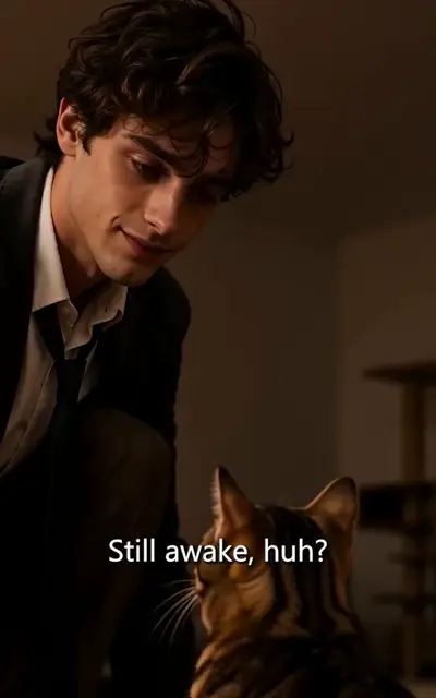 The clerk leans down toward the tabby cat in the dim attic