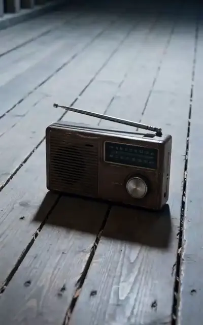 The old wooden radio lying alone on the floorboards