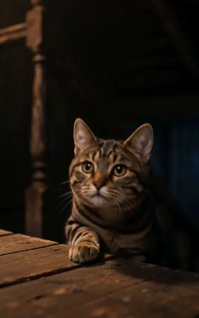The tabby cat rests a paw on the wooden table