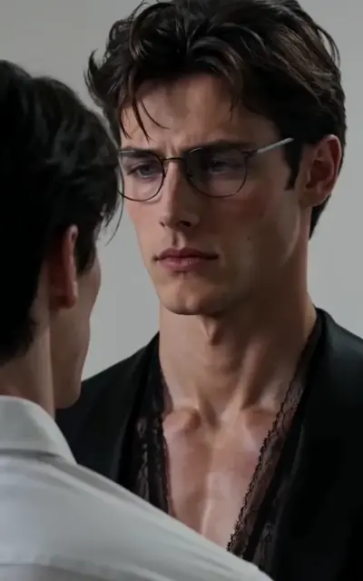 Milo in an open white shirt looks away