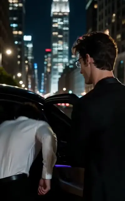 The two men face each other against a night window