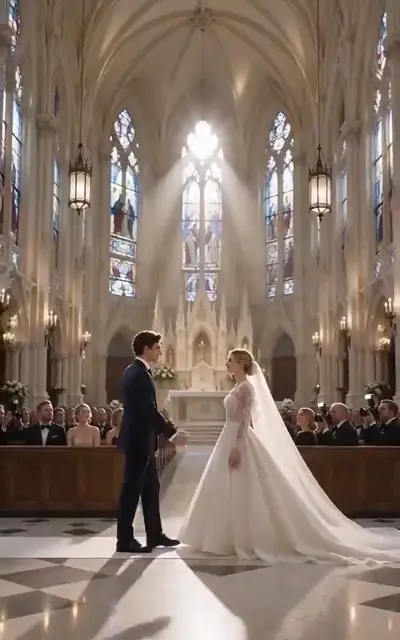 The bride and groom standing at the altar
