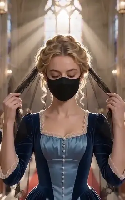 Sophia in the blue velvet dress before the masked confrontation