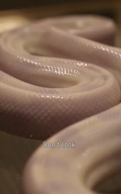 The white snake rests on a wet surface