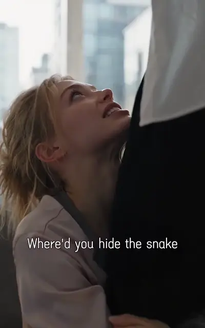 A woman and a man face off close together