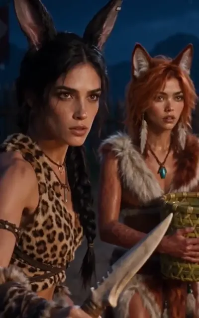 Chloe the cat-girl holds a stone knife at night