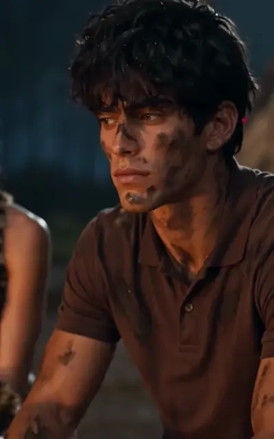 Ethan grins with soot on his face by firelight