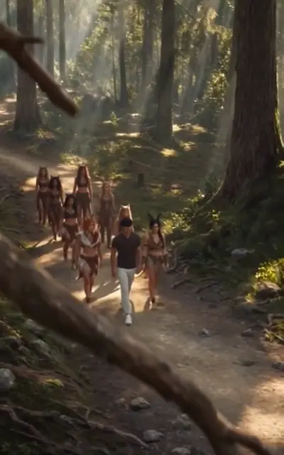 The beast-eared tribe walks in single file through a sunlit forest