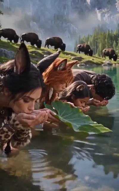 Tribe members cup water from a forest stream