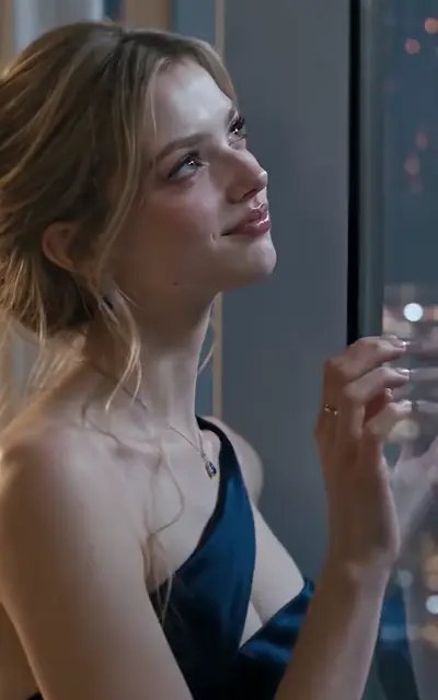 A young woman in a dark dress holding a glass