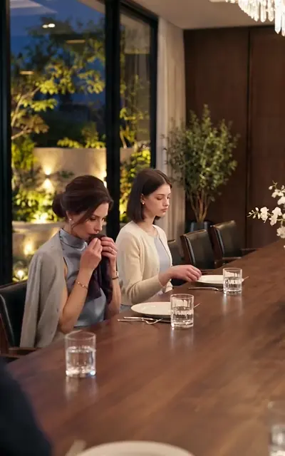 A family seated around a long dining table